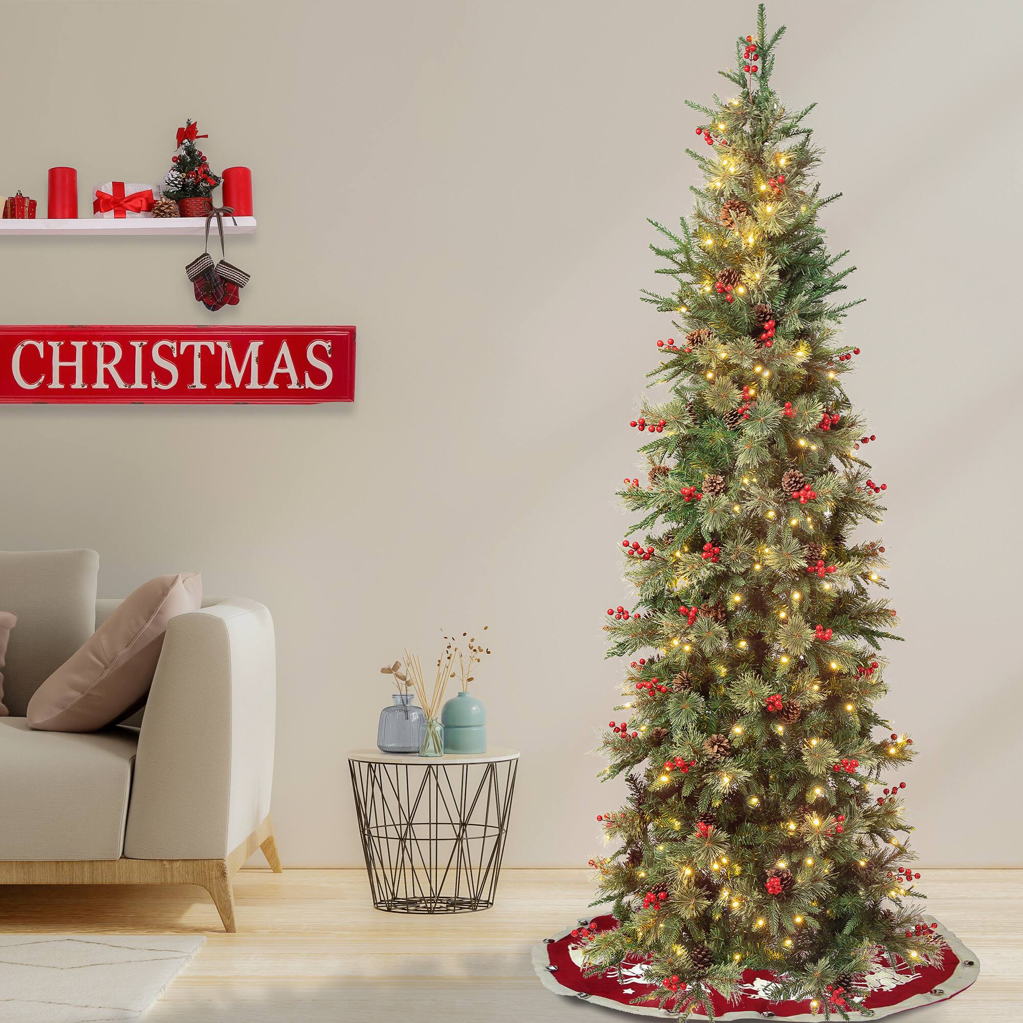 7.5ft. Pre-Lit Feel-Real® Virginia Pine Slim Artificial Christmas Tree with Berries & Pinecones, Warm White LED Lights